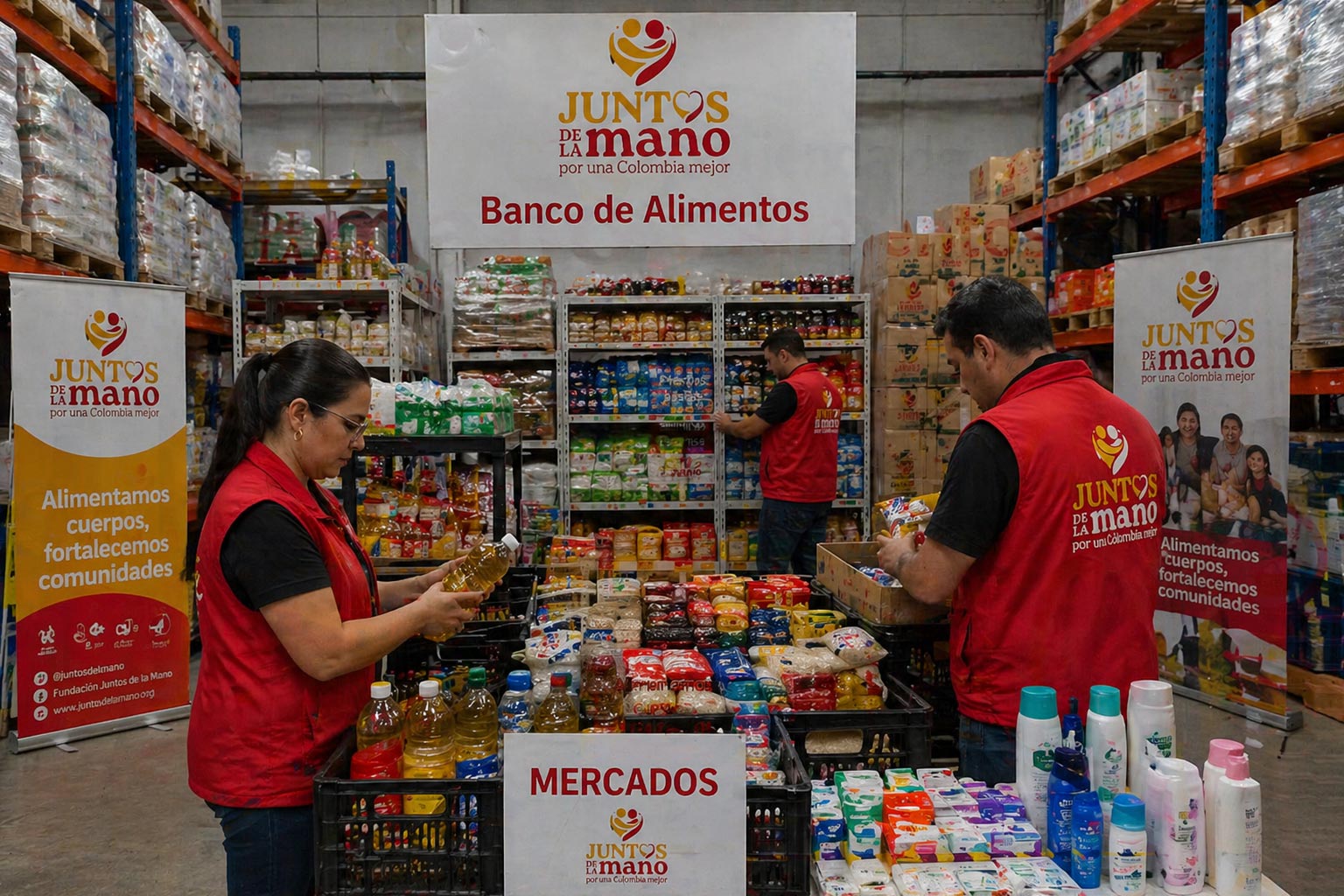 Dos personas con chaleco de la fundación organizan mercados sobre canastas en la bodega del banco de alimentos