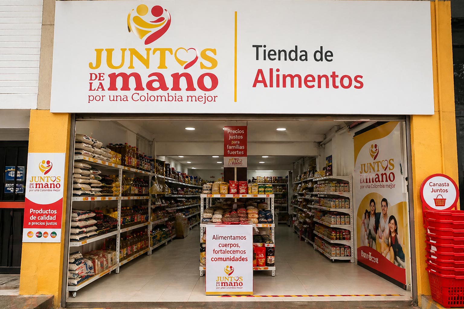 Fachada de la Tienda de Alimentos de la fundación, con estantes surtidos y canastas rojas a la entrada